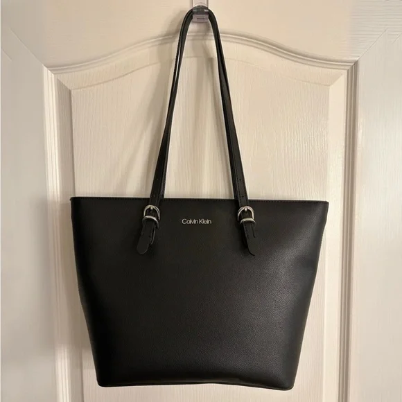 CALVIN KLEIN Black Pebbled Faux Leather Tote Shoulder Bag NWOT - Picture 2 of 12